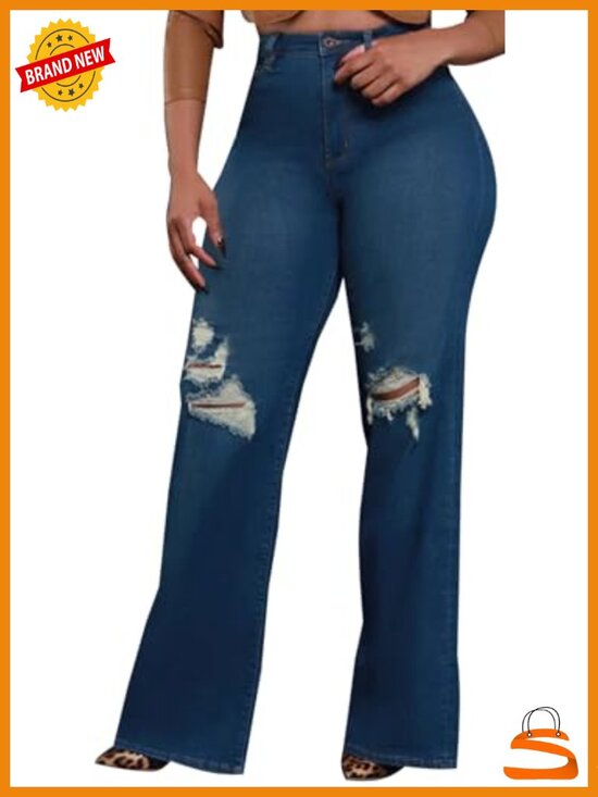 Denim - High Waisted Skinny Bell Bottom Flare Jeans with Ripped Hole Distressed Denim